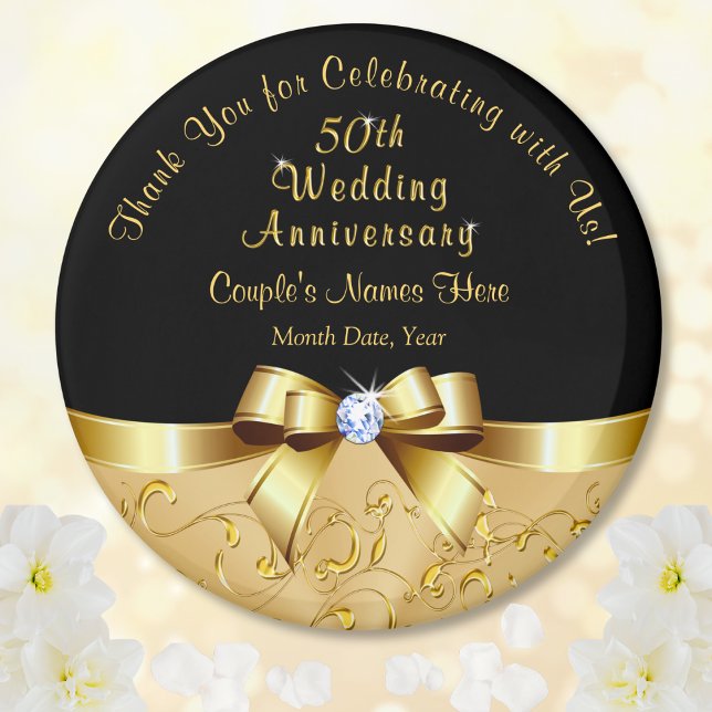 Íman Dourado negro, 50º Favoritos para festas de aniver (Cheap 50th wedding anniversary party favors. Black and Gold 50th anniversary Theme. Golden Favors.)