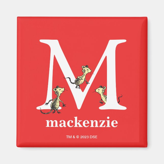 Íman Dr. Seuss ABC: Carta M - Branco | Adicione seu nom (Frente)