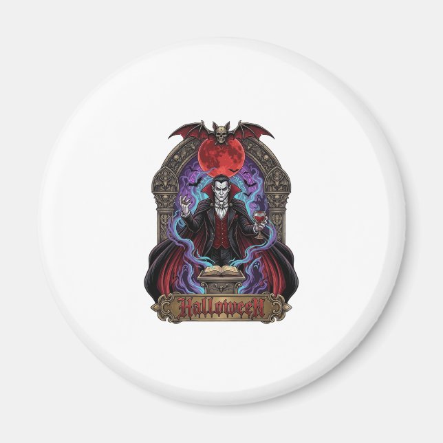 Íman Drácula de Halloween Lua Vermelha Morcegos Caveira (Frente)