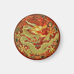 Íman Dragão asiático ouro bordado em vermelho escuro