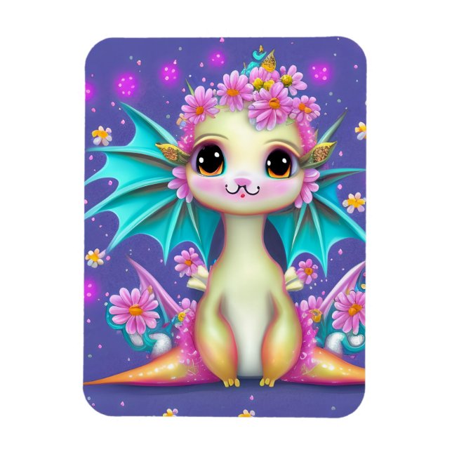 Íman Dragão-Bebê Bonito com Flores Rosa (Vertical)