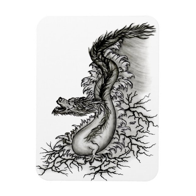 Íman Dragão chinês, Design preto e branco em tatuostilo (Vertical)