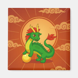 Íman Dragão Chinês Verde sobre Vermelho