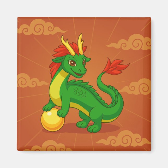 Íman Dragão Chinês Verde sobre Vermelho (Frente)
