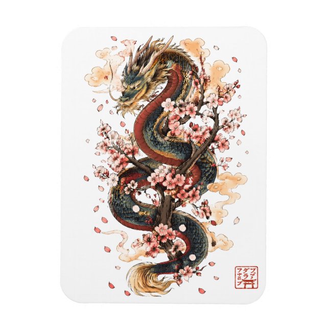 Íman Dragão Japonês com Flores de Cerejeira | Mito Saku (Vertical)