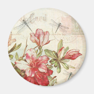 Íman Dragonfly Vintage Floral Red Flowes Azaleas