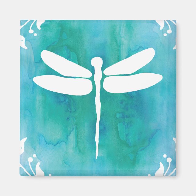 Íman Dragonfly Watercolor White Aqua Blue Dragonlies (Frente)