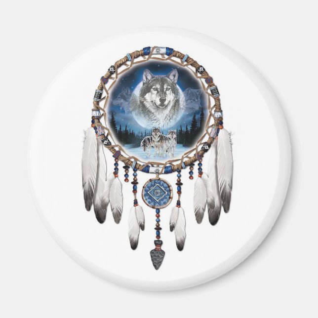 Íman Dream Catcher com fundo de lobo (Frente)