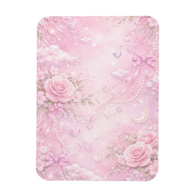 Íman Dreamy Pink Rose Floral Pattern Pearls Bows Sparks (Vertical)