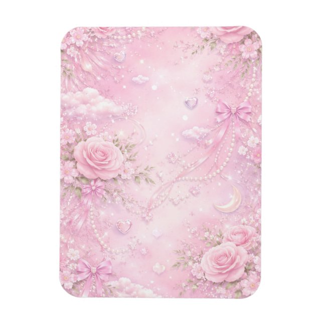 Íman Dreamy Pink Rose Floral Pearls Bows Sparkles (Vertical)