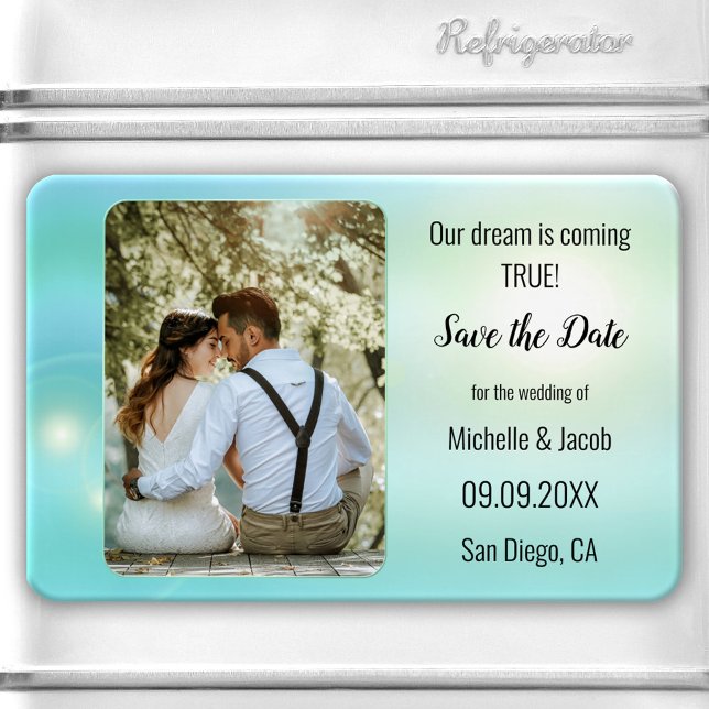 Íman Dreamy Turquoise Teal Lights Foto para salvar a da (Save the Date magnet featuring your own photo framed by a romantic turquoise teal lights design.)