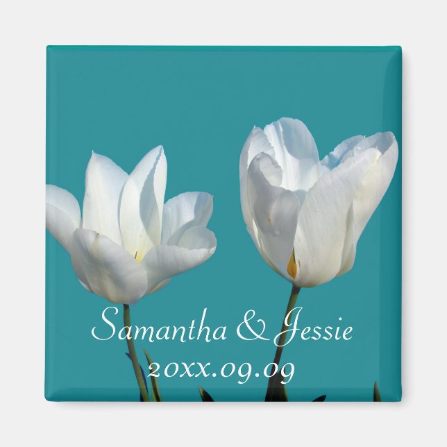 Íman duas flores de tulipa brancas, salve a data (Frente)