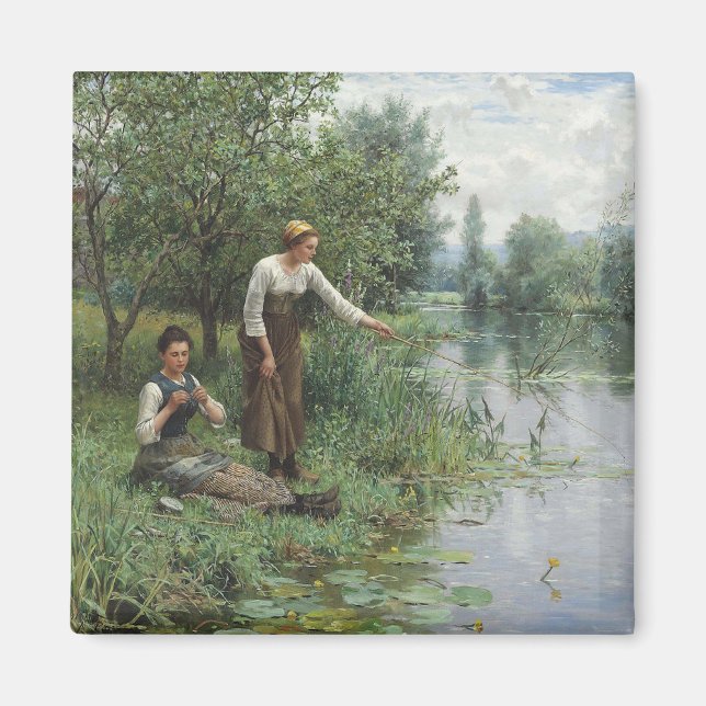 Íman Duas mulheres pescando na grama pelo rio (Frente)