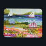 Íman Duas veleiras e algodão<br><div class="desc">Dois veleiros e algodão I por Karen Fields. Cena brilhante,  divertida com flores,  árvores,  um chalé e veleiros na água.</div>