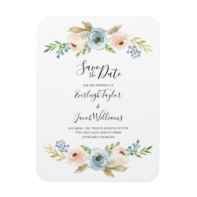 Íman Dusty Blue e Blush Weding the Date Magnet (Vertical)
