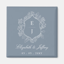 Íman Dusty Blue Floral Crest Monograma Casamento