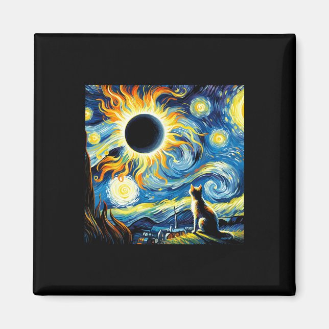Íman Eclipse Solar Total 2024 Van Gogh Starry Night Cat (Frente)