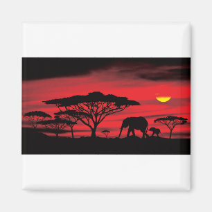 Íman Elefante Africano e Bebê com Sunset Vermelho