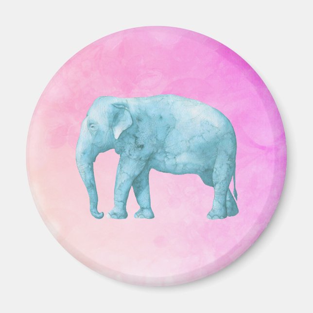 Íman Elefante Azul Claro em Aquarelas Rosa Sonhadoras (Frente)