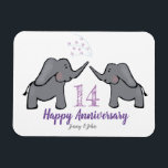 Íman elefante bonitinho do aniversário de casamento do<br><div class="desc">Um imã ilustrado de 14 de aniversário de casamento em roxo, cinza e branco com um casal de elefante. O pequeno presente perfeito para um casal que comemora catorze anos de casamento no seu aniversário de casamento de marfim. O imã pode ser personalizado para incluir os nomes do marido e...</div>