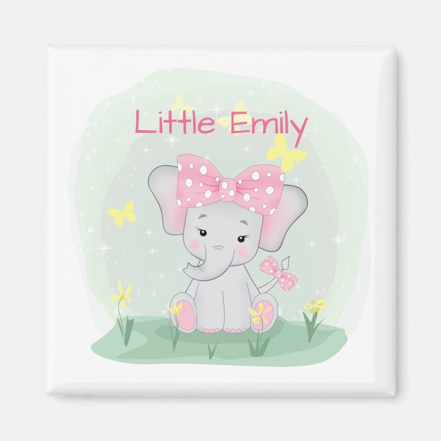 Íman Elefante de bebê bonito com arco rosa numa clareir (Frente)