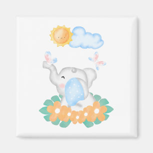 Íman Elefante de Bebê Bonito com flores laranja Magnet