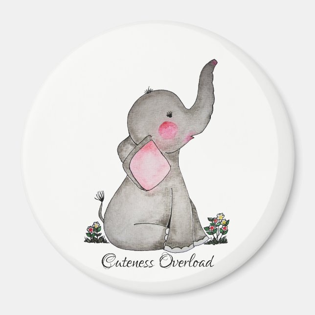Íman Elefante De Bebê Cuta De Aquarela Com Blush E Flor (Frente)