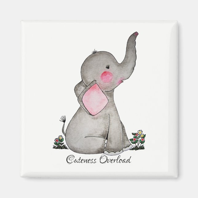 Íman Elefante De Bebê Cuta De Aquarela Com Blush E Flor (Frente)