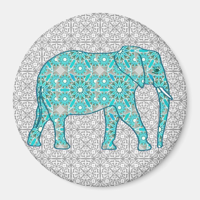 Íman Elefante de flor de Mandala - turquesa, cinza e br (Frente)