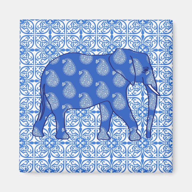 Íman Elefante de Paisley - azul de cobalto e branco (Frente)