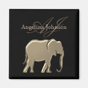 Íman Elefante Dourado Preto Monograma Elegante Luxuoso