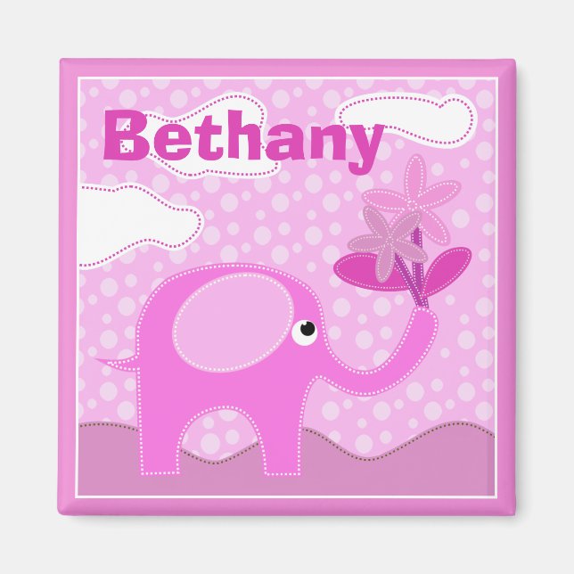 Íman Elefante e Flores Bebês Rosa Personalizados (Frente)