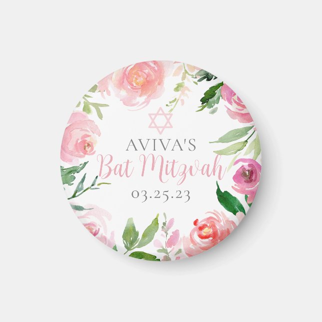 Íman Elegant Bat Mitzvah Party Personalized Pink Floral (Frente)