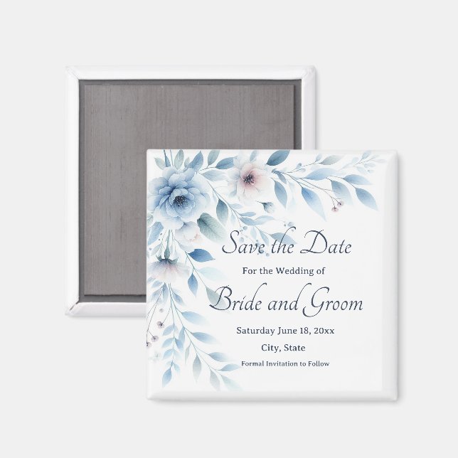 Íman Elegant Blue Floral Wedding Save the Date Magnet (Front/Back)