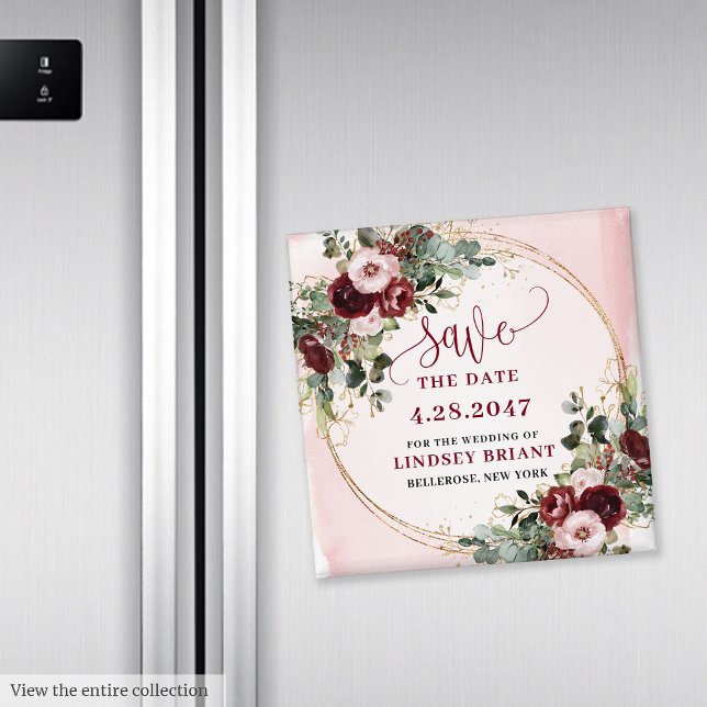 Íman Elegant Boho Burgundy Blush Gold Floral Magnet (You want to be unique? This watercolor burgundy and blush floral save the date magnet is the perfect)