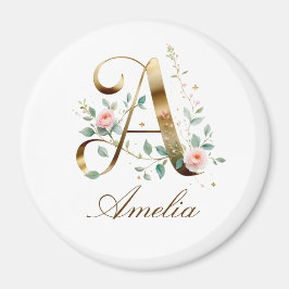 Íman Elegant Gold Floral Letter A Round Fridge Magnet