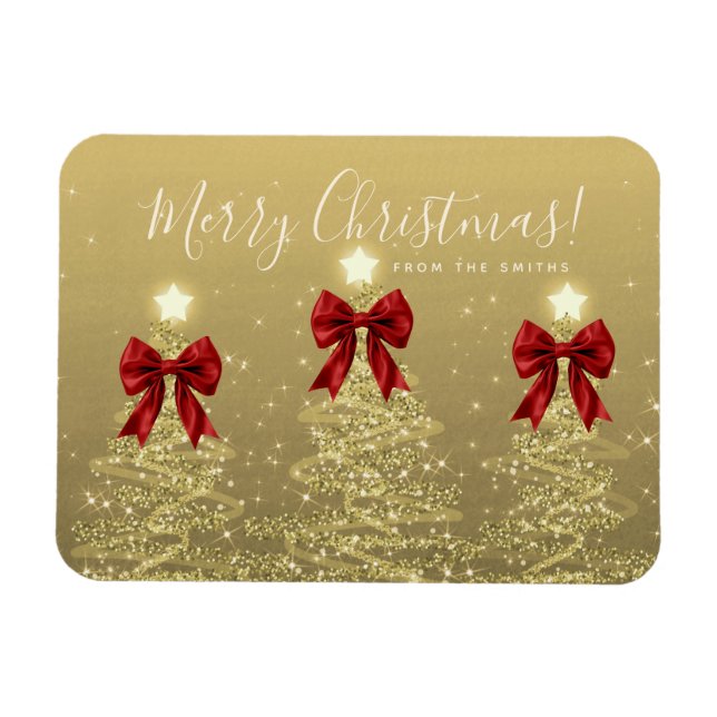 Íman Elegant Holiday Gold Red Christmas Trees Greeting  (Horizontal)