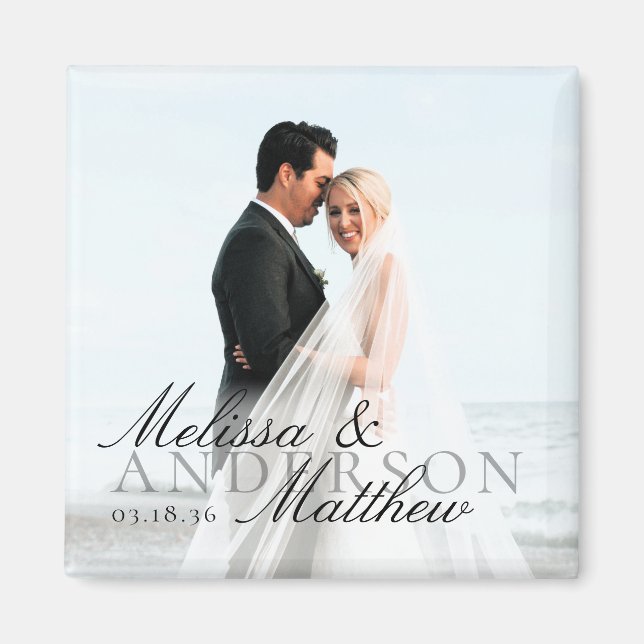 Íman Elegant Photo Script Date Names Wedding Favor (Frente)