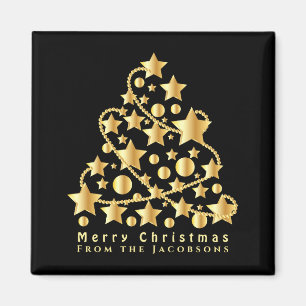 Íman Elegant Script Feliz Natal Estrela Dourada Preta T