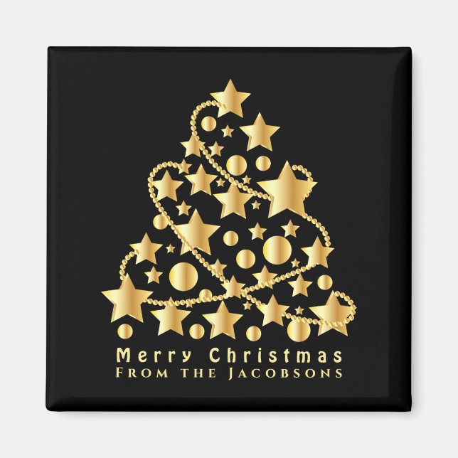 Íman Elegant Script Feliz Natal Estrela Dourada Preta T (Frente)