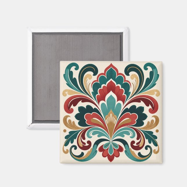 Íman Elegant Teal–Red Ornamental Bloom (Front/Back)