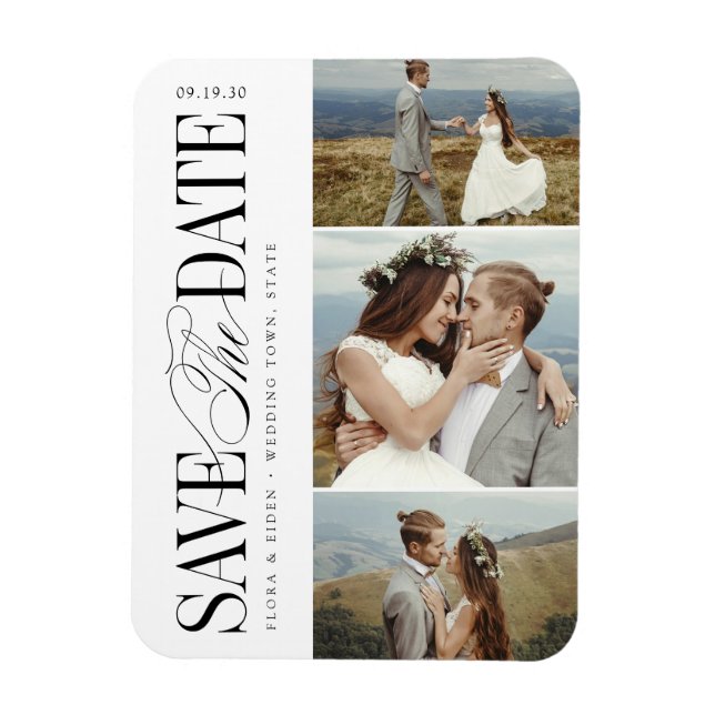 Íman Elegant Timeless Typography 3 Photo Save The Date (Vertical)