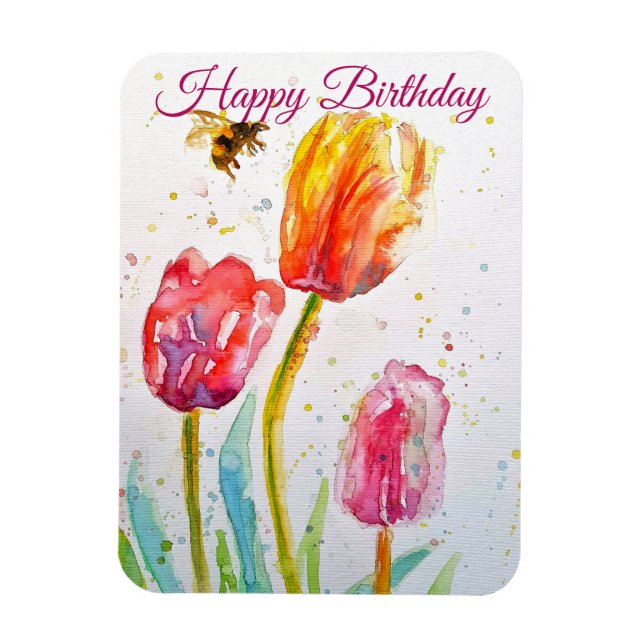 Íman Elegant Tulip and Bee Watercolour Birthday Card (Vertical)
