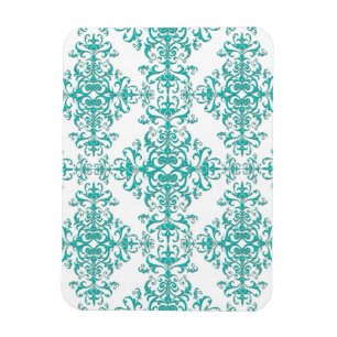 Íman Elegante Aqua Turquesa sobre Padrão Damask Branco