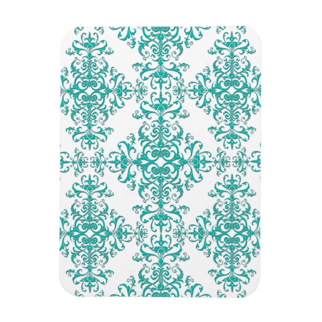 Íman Elegante Aqua Turquesa sobre Padrão Damask Branco (Vertical)