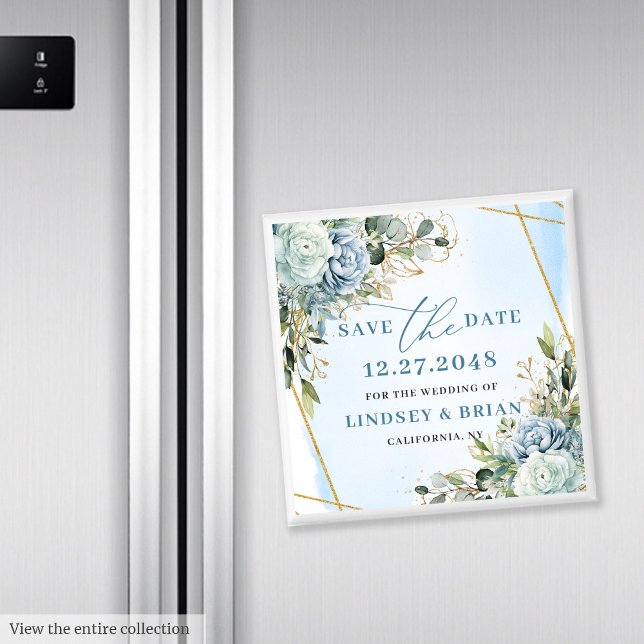 Íman Elegante Boho Azul Empoeirado Floral Dourado Salve (Elegant Dusty Blue Floral Gold Save The Date Magnet

)