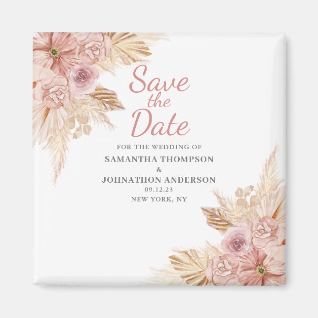 Íman Elegante Boho Floral Botânico Rosa Salve a Data  (Frente)