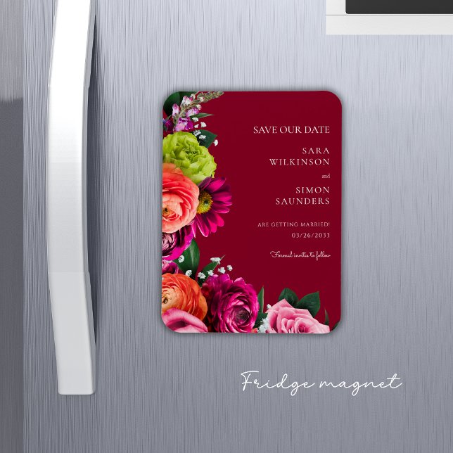 Íman elegante burgundy floral moderno salve a data (fun burgundy colorful florals save the date fridge magnet)