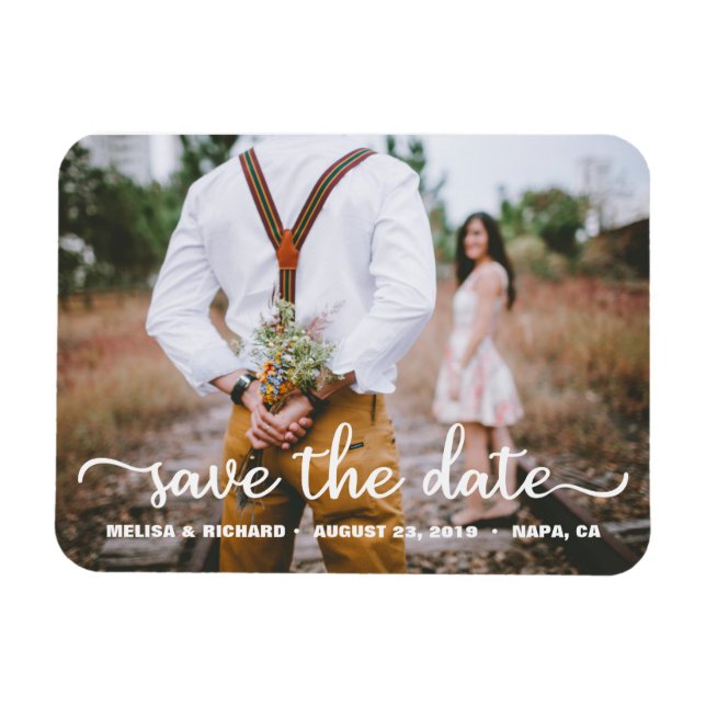 Íman Elegante Casal de Caligrafia Foto Save The Date (Horizontal)