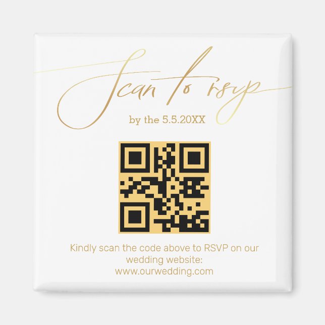 Íman elegante código qr rsvp casamento com letra dourad (Frente)